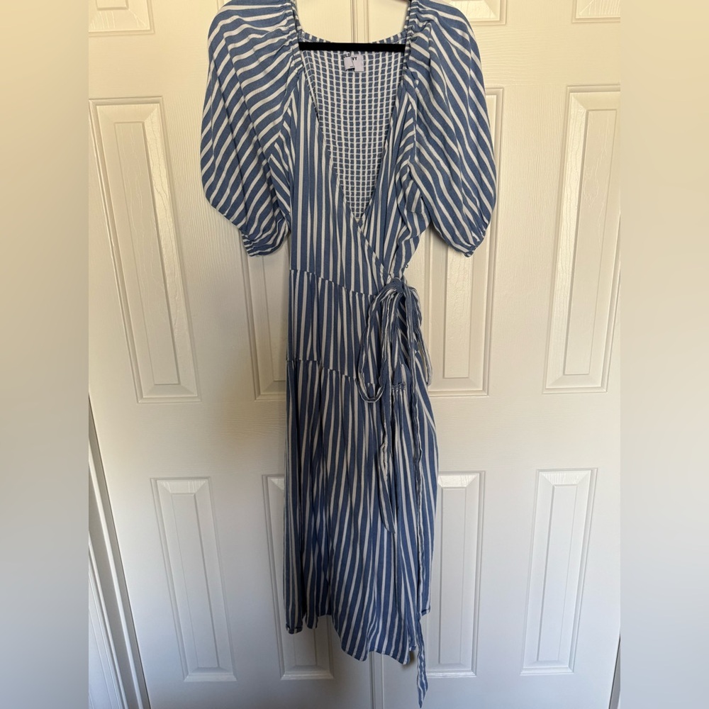Cotton blue and white striped wrap dress